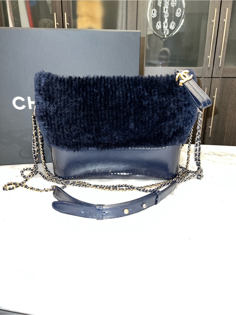 CHANEL Navy Shearling & Leather Chain Shoulder Bag